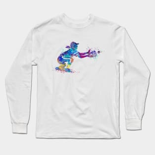 Baseball Girl Catcher Watercolor Softball Player Long Sleeve T-Shirt